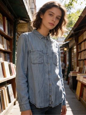 Staccato Chambray Tencel Button Front Shirt Top Blue Small